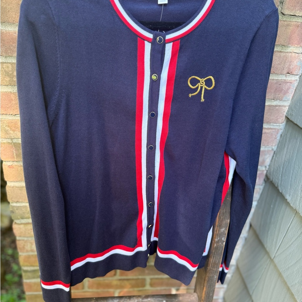Charter Club Woman’s Navy Cardigan with Red and White Stripes, XXL